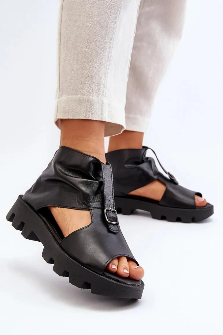 Zazoo 999 Skórzane Sandały Damskie Z Zamkiem Czarne