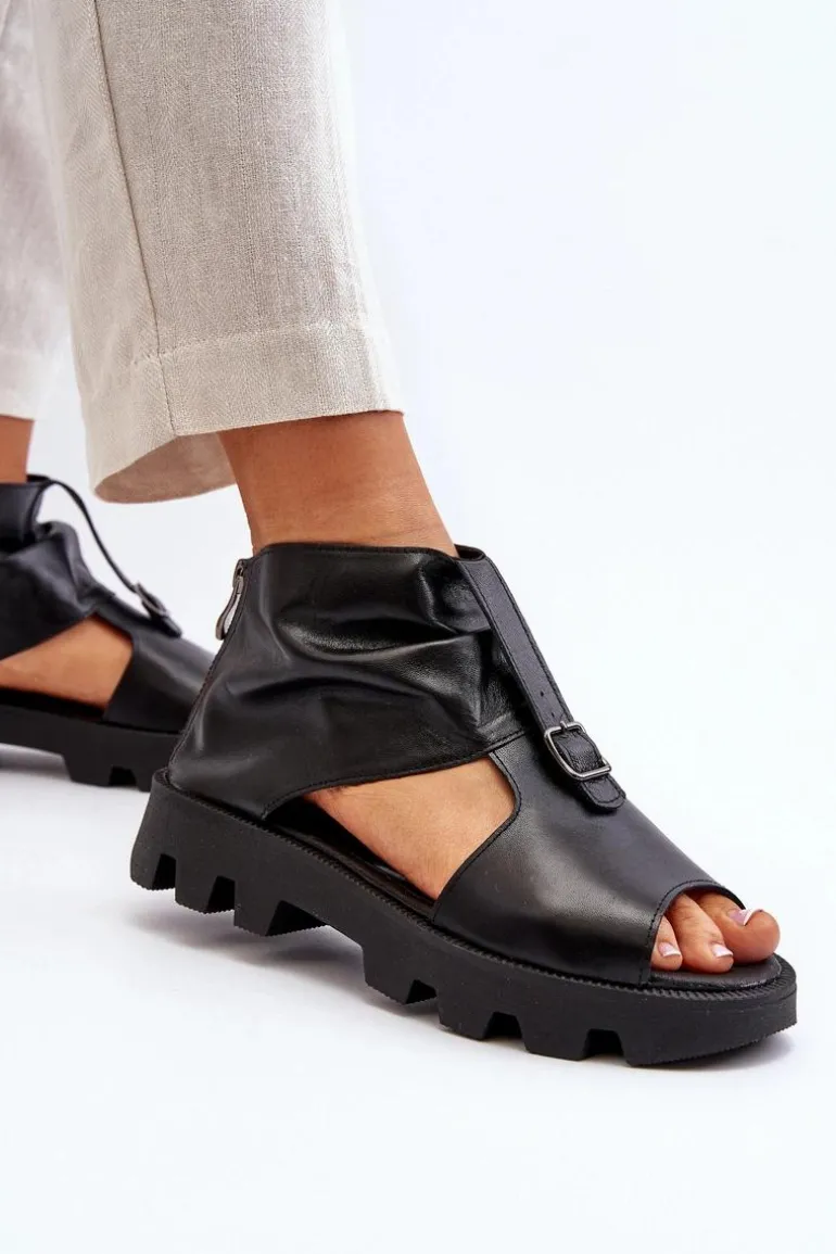 Zazoo 999 Skórzane Sandały Damskie Z Zamkiem Czarne