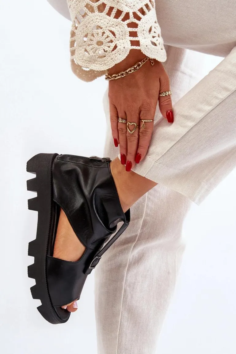 Zazoo 999 Skórzane Sandały Damskie Z Zamkiem Czarne