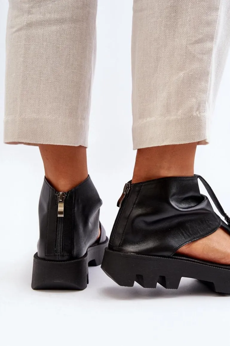 Zazoo 999 Skórzane Sandały Damskie Z Zamkiem Czarne