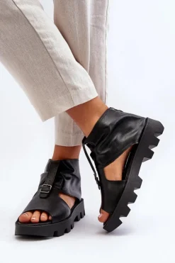 Zazoo 999 Skórzane Sandały Damskie Z Zamkiem Czarne