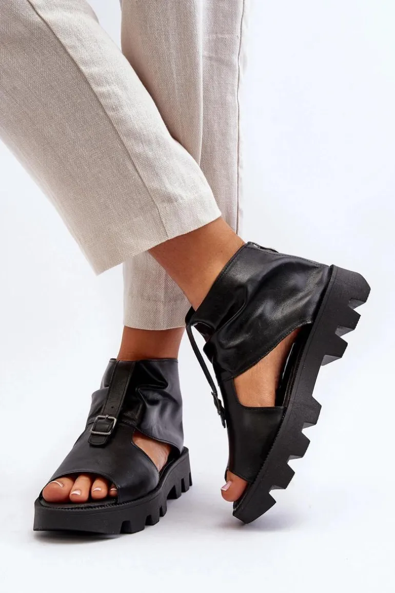 Zazoo 999 Skórzane Sandały Damskie Z Zamkiem Czarne