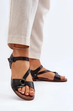 Zazoo 40182 Skórzane Sandały Damskie Czarne