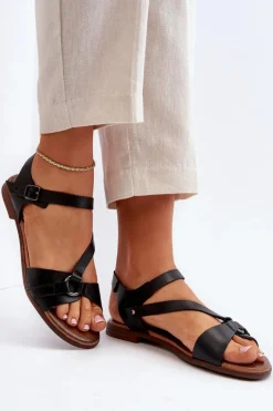 Zazoo 40182 Skórzane Sandały Damskie Czarne