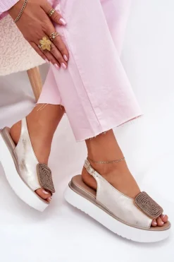 Zazoo 1786 Skórzane Sandały Damskie Na Platformie Z Ozdobą Złoty Przecierany