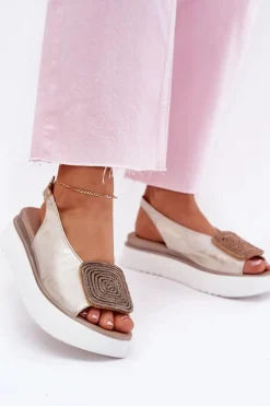 Zazoo 1786 Skórzane Sandały Damskie Na Platformie Z Ozdobą Złoty Przecierany