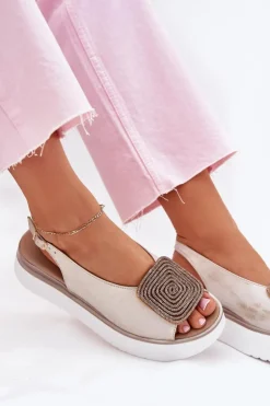 Zazoo 1786 Skórzane Sandały Damskie Na Platformie Z Ozdobą Złoty Przecierany