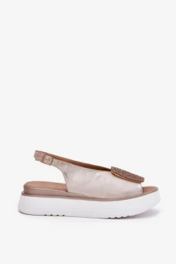 Zazoo 1786 Skórzane Sandały Damskie Na Platformie Z Ozdobą Złoty Przecierany