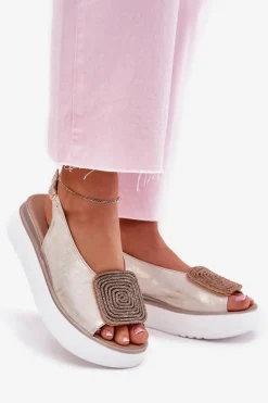 Zazoo 1786 Skórzane Sandały Damskie Na Platformie Z Ozdobą Złoty Przecierany