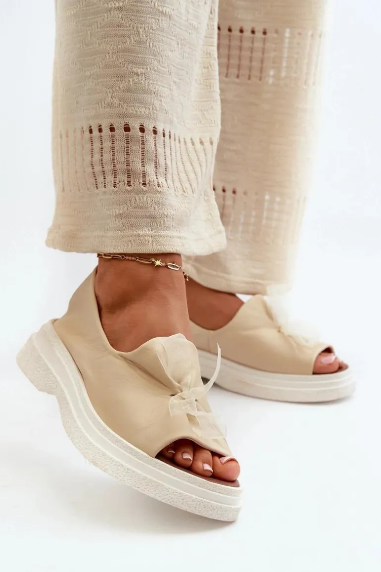 Zazoo 2939 Skórzane Sandały Damskie Z Kokardką Jasnobeżowe