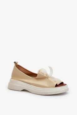 Zazoo 2939 Skórzane Sandały Damskie Z Kokardką Jasnobeżowe