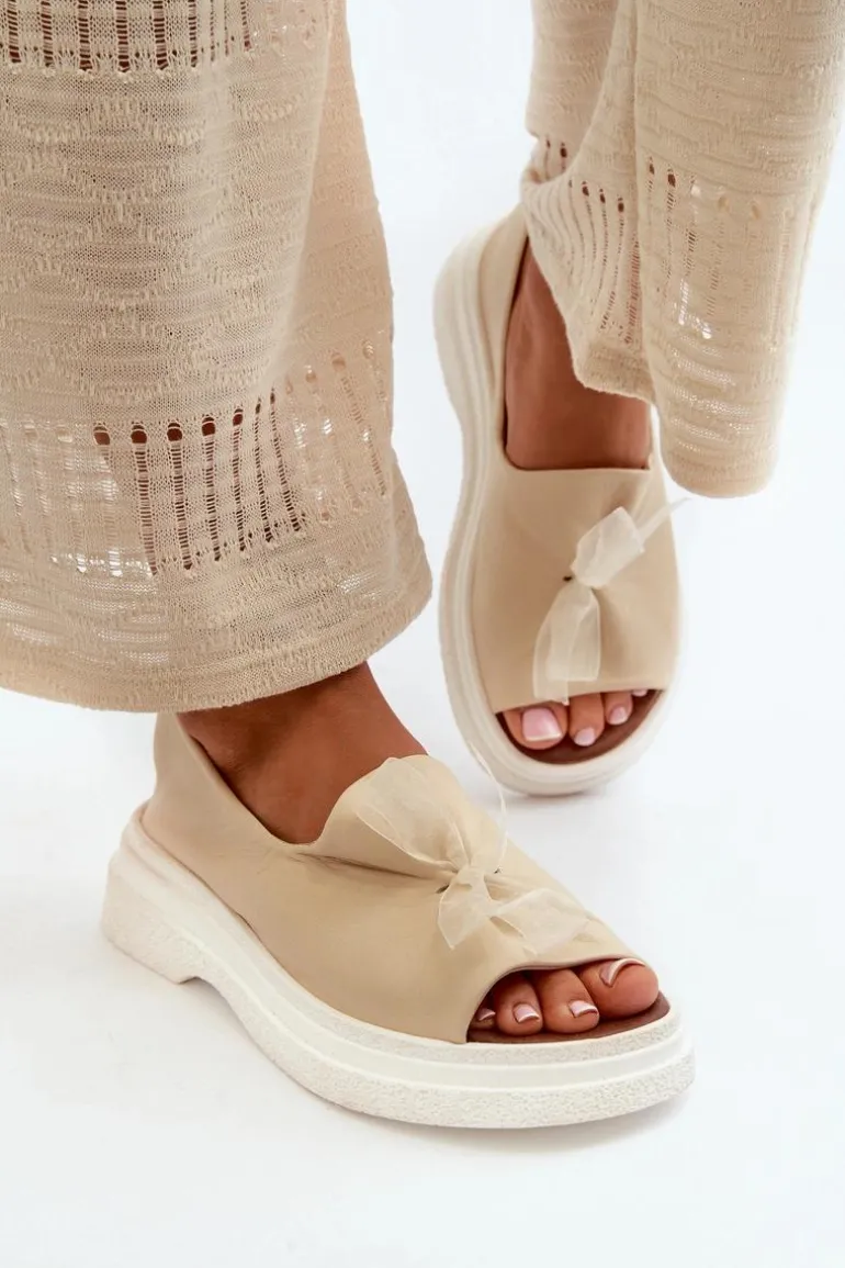 Zazoo 2939 Skórzane Sandały Damskie Z Kokardką Jasnobeżowe