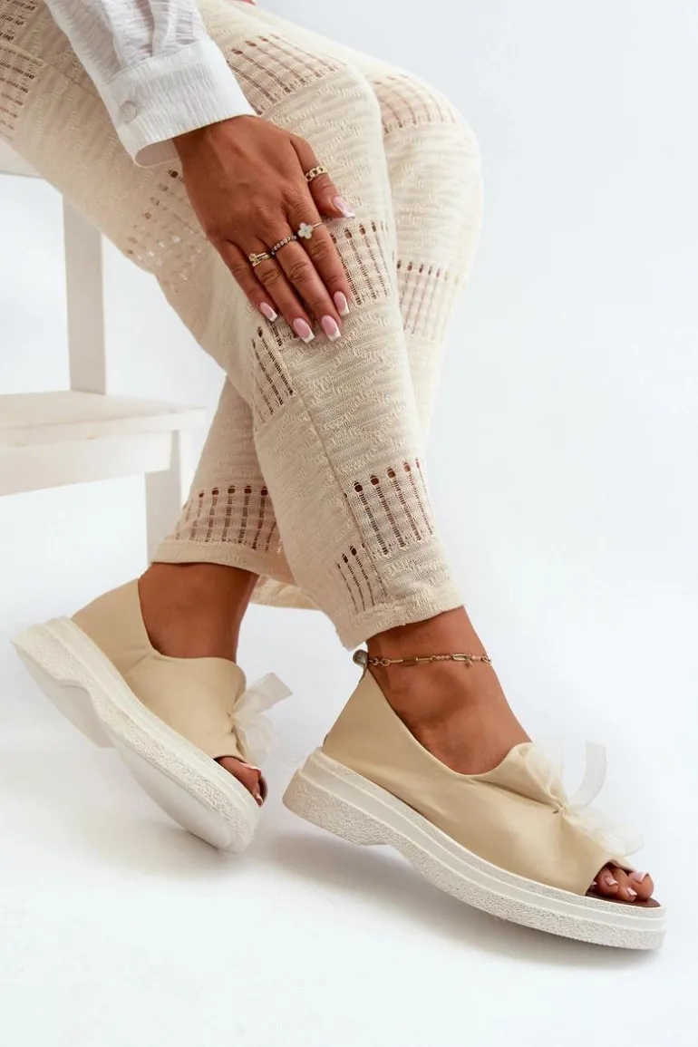 Zazoo 2939 Skórzane Sandały Damskie Z Kokardką Jasnobeżowe