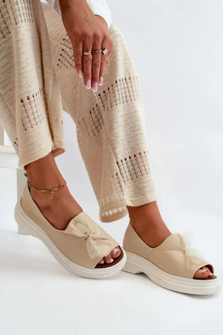 Zazoo 2939 Skórzane Sandały Damskie Z Kokardką Jasnobeżowe