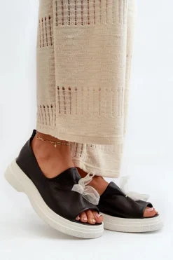 Zazoo 2939 Skórzane Sandały Damskie Z Kokardką Czarne