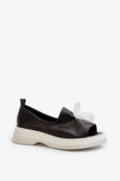 Zazoo 2939 Skórzane Sandały Damskie Z Kokardką Czarne