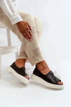 Zazoo 2939 Skórzane Sandały Damskie Z Kokardką Czarne