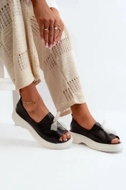 Zazoo 2939 Skórzane Sandały Damskie Z Kokardką Czarne