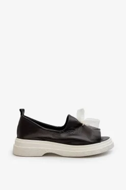 Zazoo 2939 Skórzane Sandały Damskie Z Kokardką Czarne