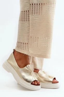 Zazoo 2939 Skórzane Sandały Damskie Z Kokardką Złote