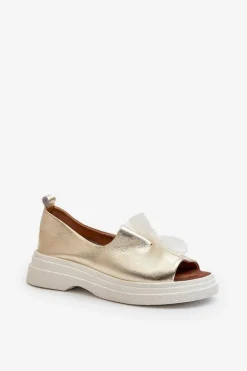 Zazoo 2939 Skórzane Sandały Damskie Z Kokardką Złote