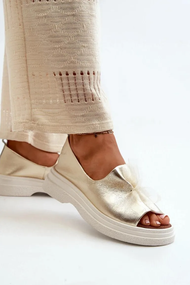 Zazoo 2939 Skórzane Sandały Damskie Z Kokardką Złote