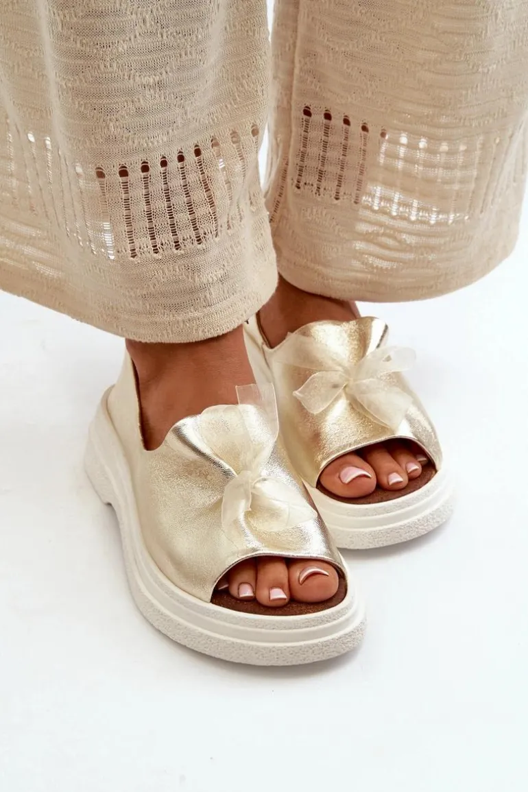 Zazoo 2939 Skórzane Sandały Damskie Z Kokardką Złote