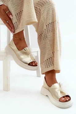 Zazoo 2939 Skórzane Sandały Damskie Z Kokardką Złote