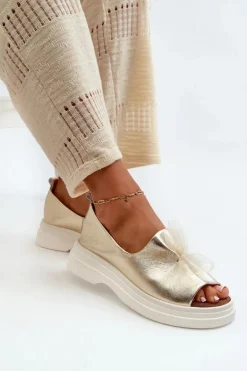 Zazoo 2939 Skórzane Sandały Damskie Z Kokardką Złote