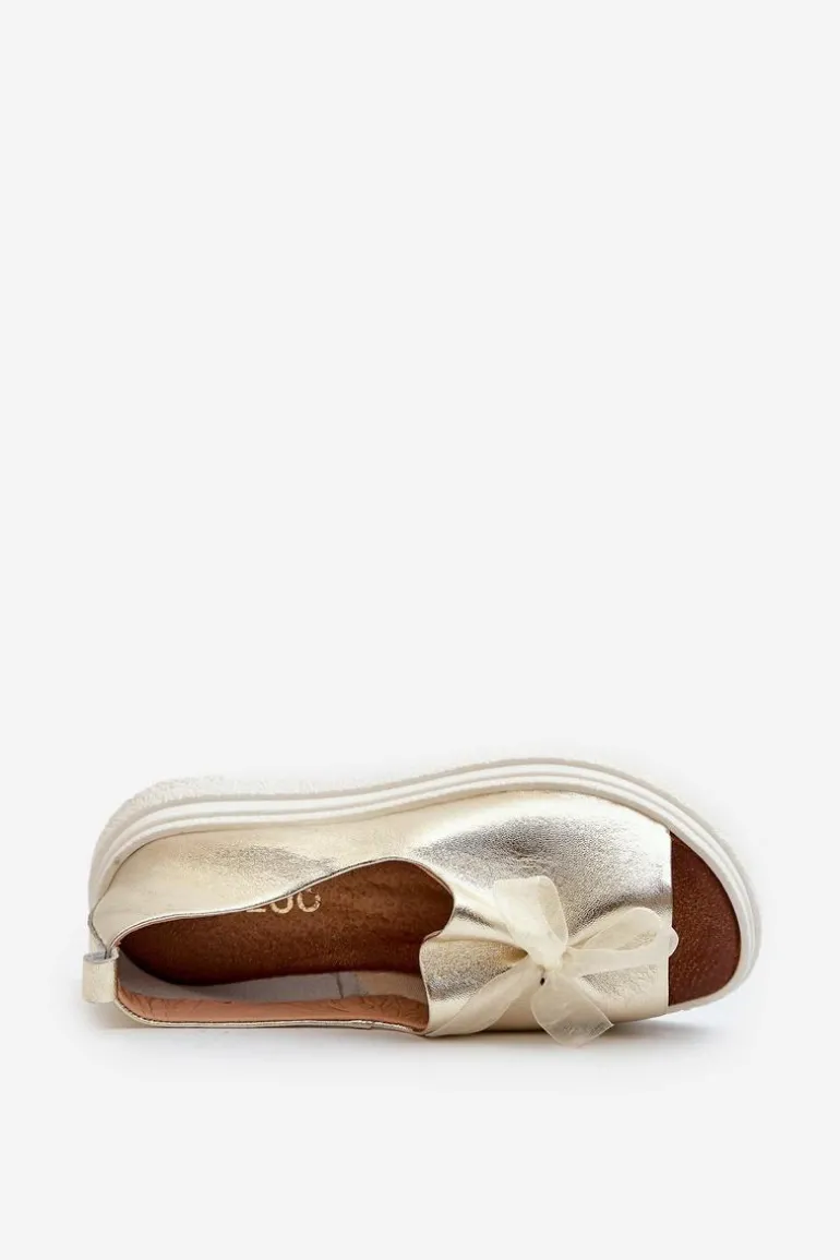 Zazoo 2939 Skórzane Sandały Damskie Z Kokardką Złote