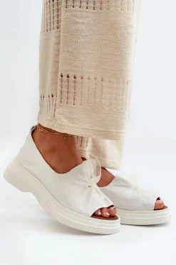 Zazoo 2939 Skórzane Sandały Damskie Z Kokardką Białe