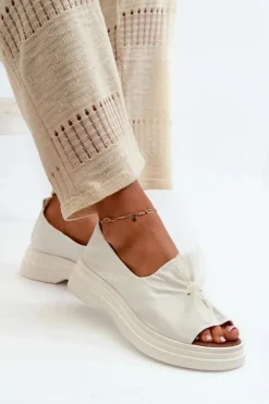 Zazoo 2939 Skórzane Sandały Damskie Z Kokardką Białe