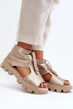 Zazoo 999 Skórzane Sandały Damskie Z Zamkiem Złote