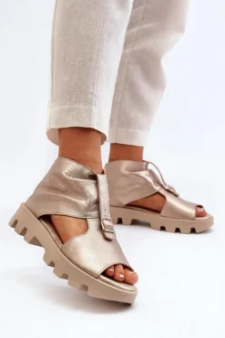 Zazoo 999 Skórzane Sandały Damskie Z Zamkiem Złote