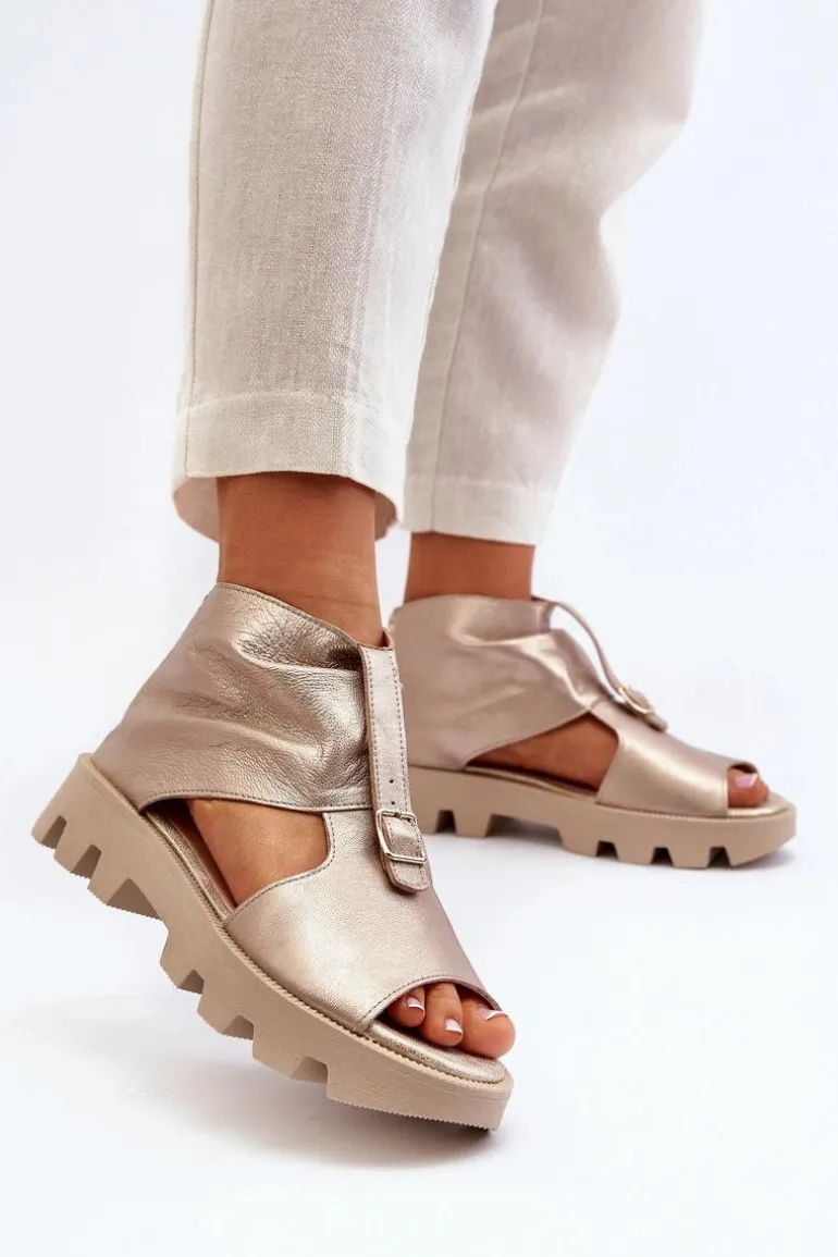 Zazoo 999 Skórzane Sandały Damskie Z Zamkiem Złote