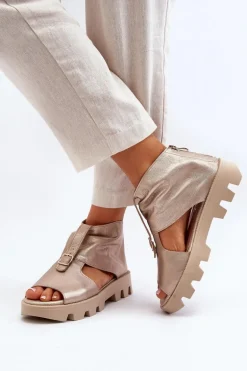 Zazoo 999 Skórzane Sandały Damskie Z Zamkiem Złote