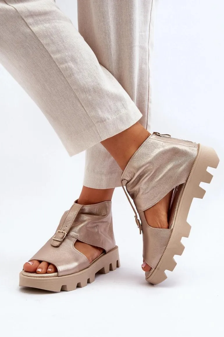 Zazoo 999 Skórzane Sandały Damskie Z Zamkiem Złote