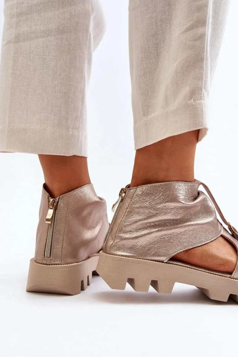 Zazoo 999 Skórzane Sandały Damskie Z Zamkiem Złote