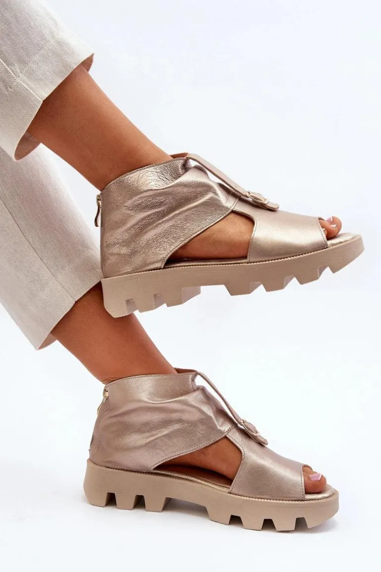 Zazoo 999 Skórzane Sandały Damskie Z Zamkiem Złote