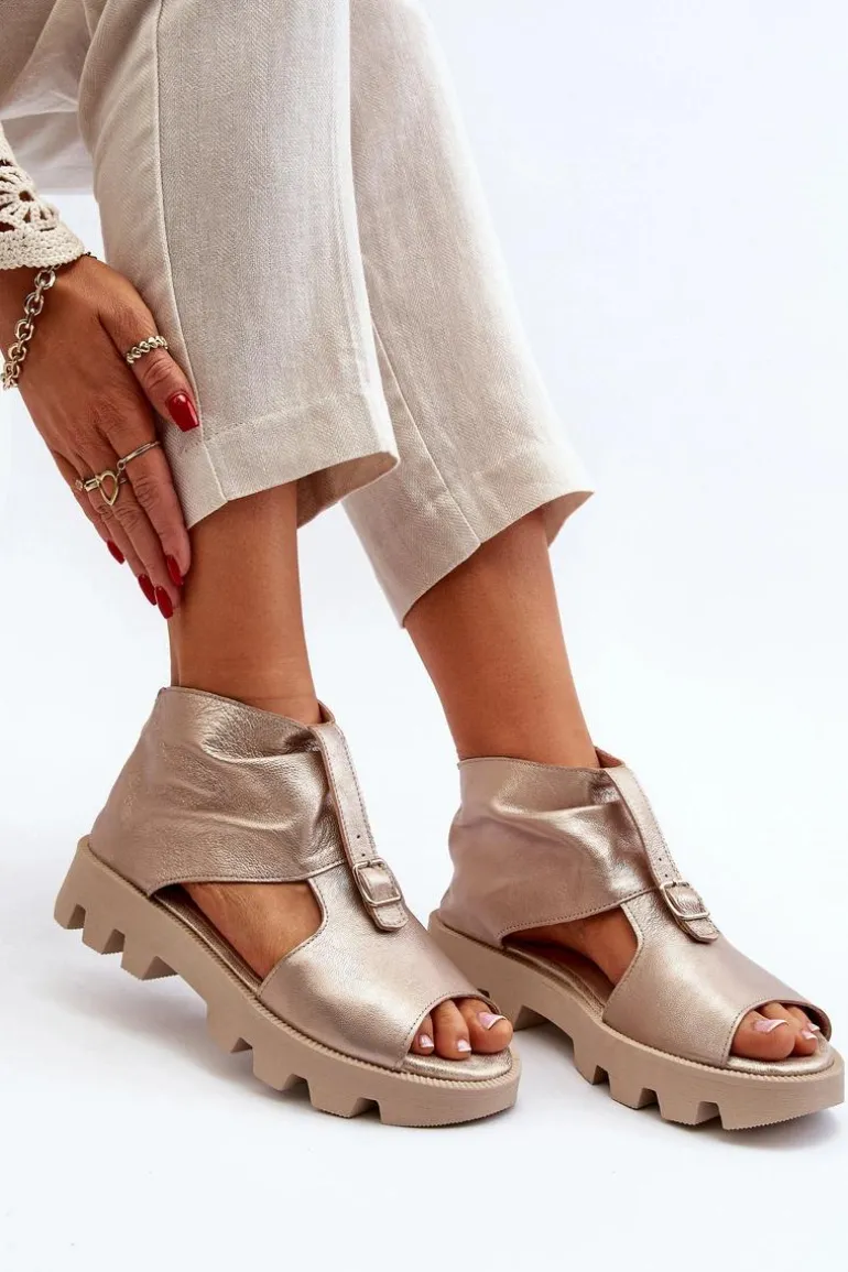 Zazoo 999 Skórzane Sandały Damskie Z Zamkiem Złote