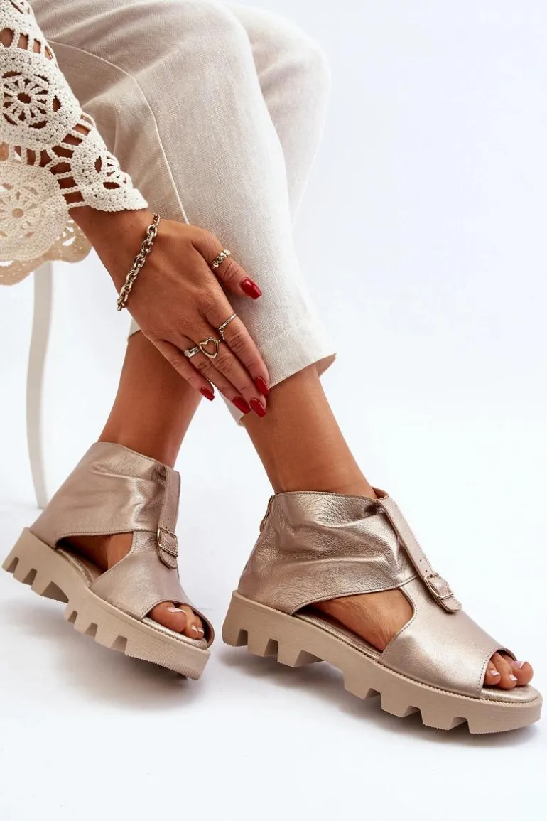 Zazoo 999 Skórzane Sandały Damskie Z Zamkiem Złote