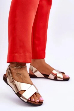 Zazoo 40141 Skórzane Sandały Na Rzep Złote