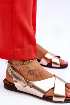 Zazoo 40141 Skórzane Sandały Na Rzep Złote