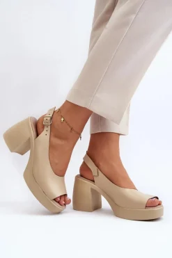 Zazoo 40376 Skórzane Sandały Na Masywnym Obcasie Beżowe