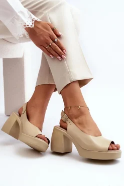 Zazoo 40376 Skórzane Sandały Na Masywnym Obcasie Beżowe