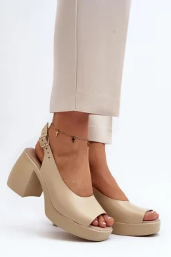Zazoo 40376 Skórzane Sandały Na Masywnym Obcasie Beżowe