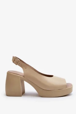 Zazoo 40376 Skórzane Sandały Na Masywnym Obcasie Beżowe