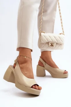 Zazoo 40376 Skórzane Sandały Na Masywnym Obcasie Beżowe