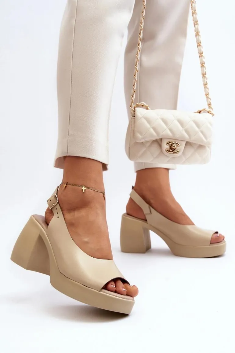 Zazoo 40376 Skórzane Sandały Na Masywnym Obcasie Beżowe