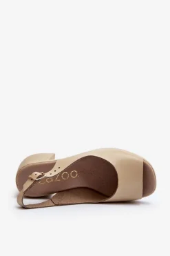 Zazoo 40376 Skórzane Sandały Na Masywnym Obcasie Beżowe